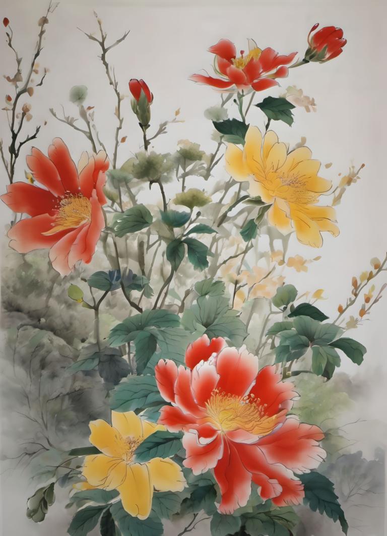 Chinese Paintings,Chinese Paintings, Nature, flowers, no humans, flower, still life, leaf, red flower