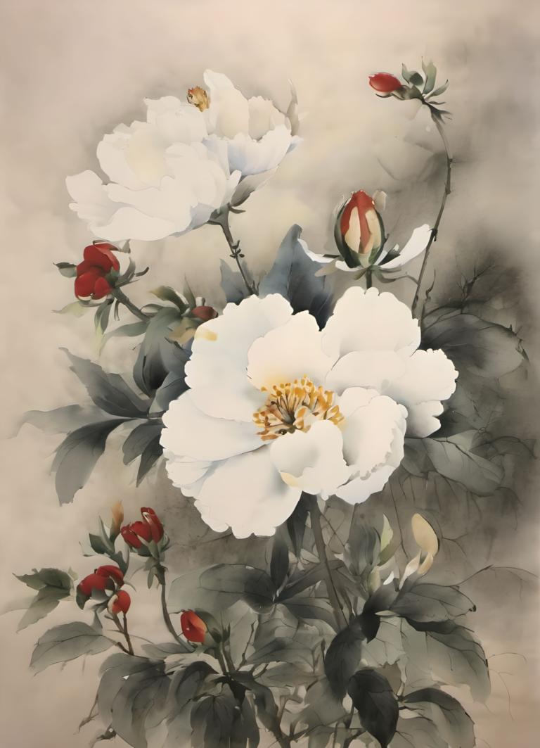 Chinese Paintings,Chinese Paintings, Nature, flowers, no humans, flower, still life, leaf, white flower