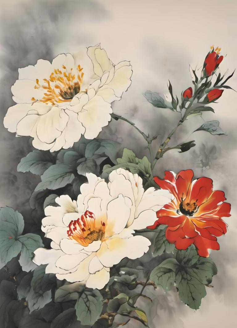 Chinese Paintings,Chinese Paintings, Nature, flowers, no humans, flower, still life, leaf, white flower