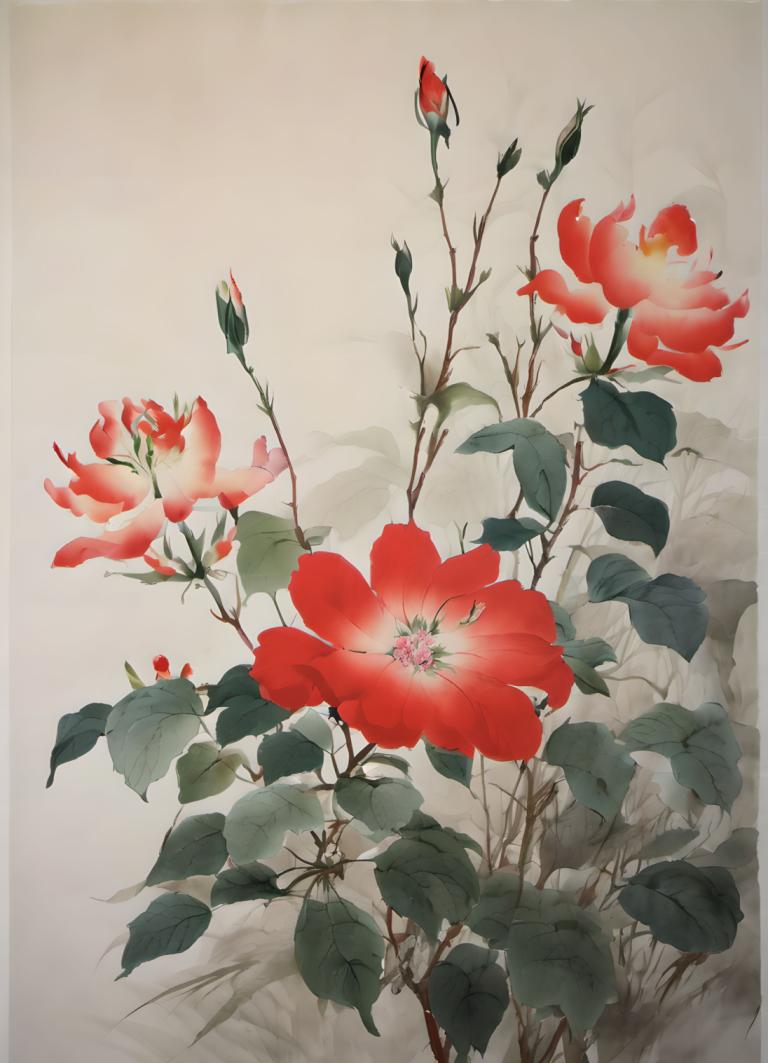 Chinese Paintings,Chinese Paintings, Nature, flowers, no humans, flower, still life, leaf, red flower, plant