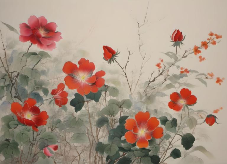 Chinese Paintings,Chinese Paintings, Nature, flowers, no humans, flower, red flower, tree, still life, leaf