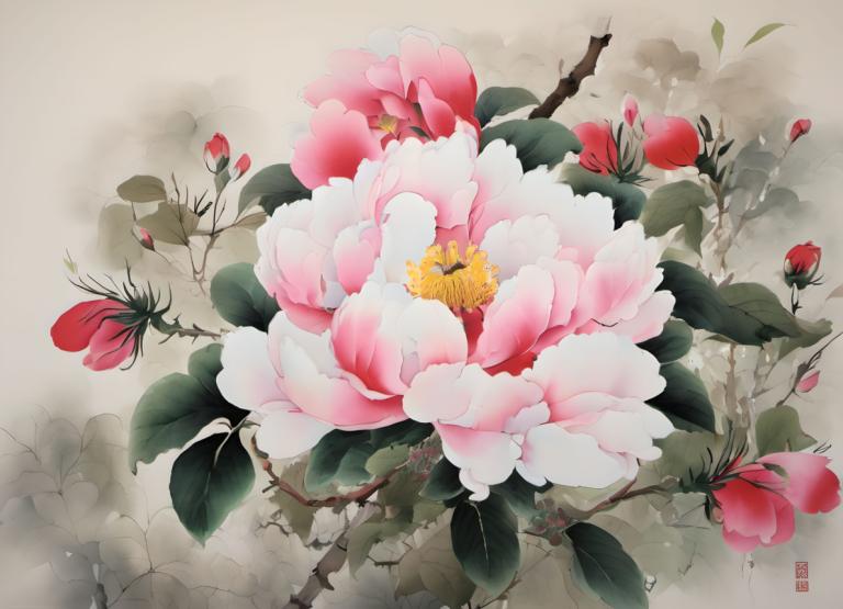 Chinese Paintings,Chinese Paintings, Nature, flowers, no humans, flower, still life, leaf, pink flower, plant