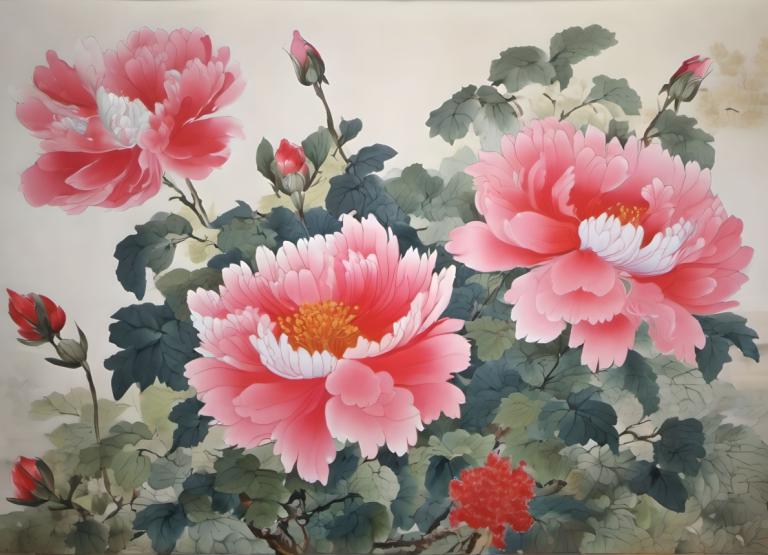 Chinese Paintings,Chinese Paintings, Nature, flowers, no humans, flower, leaf, still life, pink flower, plant