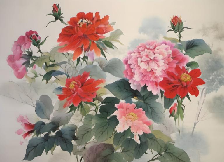 Chinese Paintings,Chinese Paintings, Nature, flowers, no humans, flower, still life, leaf, red flower