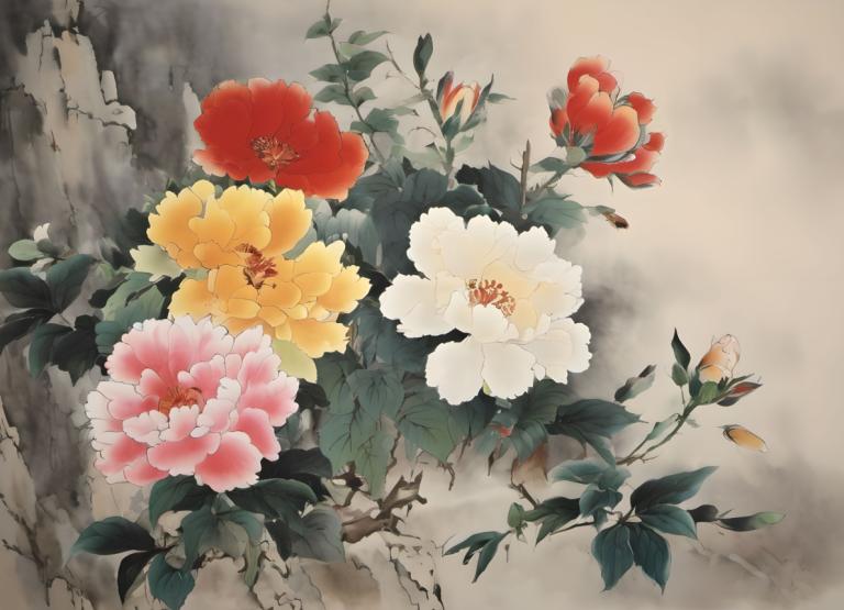 Chinese Paintings,Chinese Paintings, Nature, flowers, no humans, flower, leaf, still life, red flower