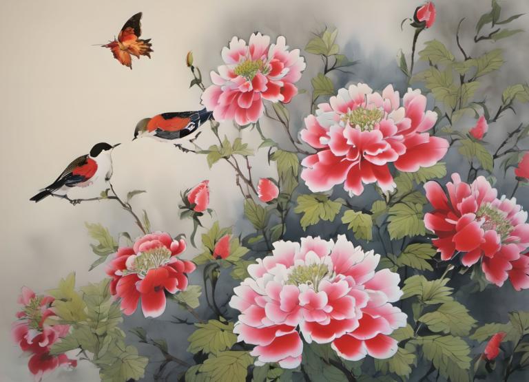 Chinese Paintings,Chinese Paintings, Nature, flowers, no humans, flower, bird, bug, leaf, plant, butterfly