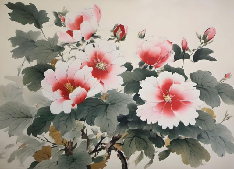 Chinese Paintings,Chinese Paintings, Nature, flowers, no humans, flower, still life, leaf, simple background