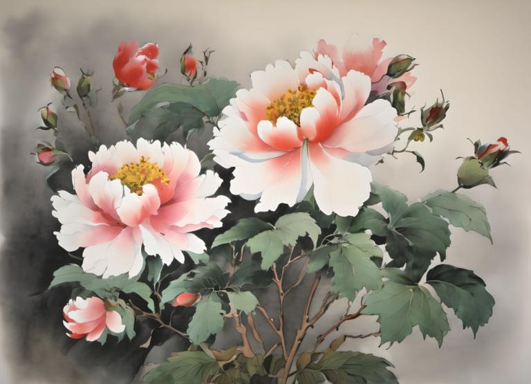 Chinese Paintings,Chinese Paintings, Nature, flowers, no humans, flower, still life, leaf, pink flower