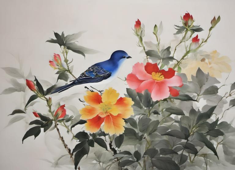 Chinese Paintings,Chinese Paintings, Nature, flowers, no humans, bird, flower, red flower, grey background