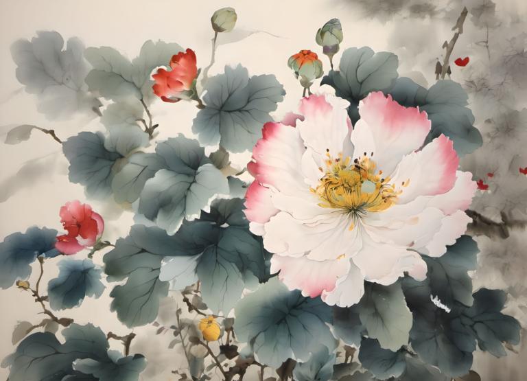 中国絵画,中国絵画, 自然, 花, 人間がいない, 花, 静物, 葉, ピンクの花, 赤い花, 黄色い花, 景色