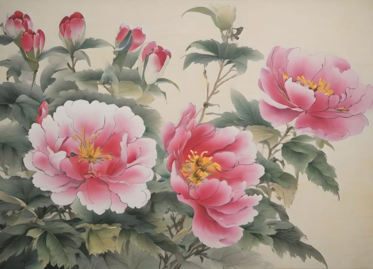 中国絵画,中国絵画, 自然, 花, 人間がいない, 花, 静物, 葉, ピンクの花, 植物, シンプルな背景, 景色, 従来のメディア