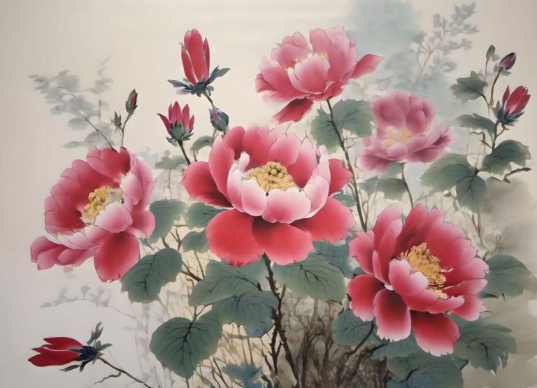 Chinese Paintings,Chinese Paintings, Nature, flowers, no humans, flower, leaf, pink flower, still life, tree