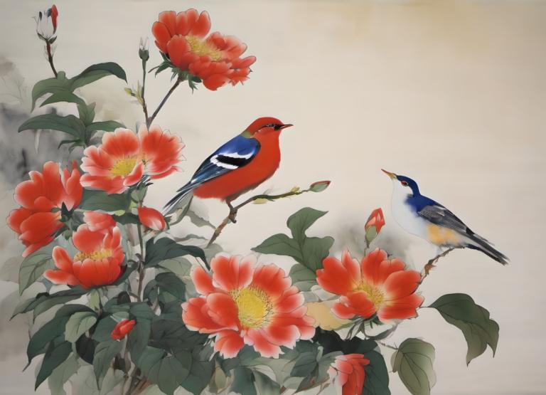 Chinese Paintings,Chinese Paintings, Nature, flowers, no humans, bird, flower, leaf, red flower, animal focus