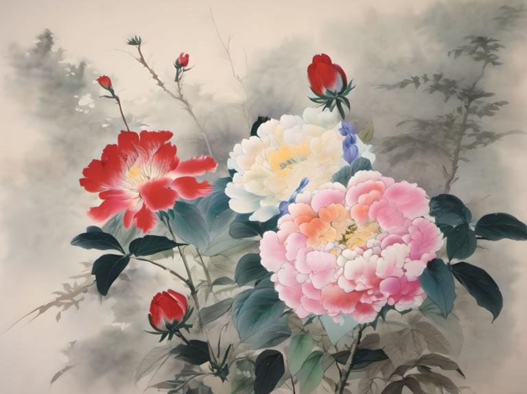 国画,国画, 自然, 花, 没有人类, 花, 叶子, 红花, 静物, 粉红色的花, 白色的花, 紫色的花, 植物, 风景, 橙花