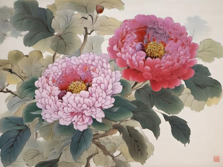 Chinese Paintings,Chinese Paintings, Nature, flowers, no humans, flower, leaf, still life, pink flower