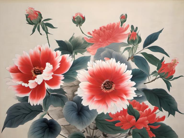 中国絵画,中国絵画, 自然, 花, 人間がいない, 花, 静物, 葉, シンプルな背景, 赤い花, 植物, 灰色の背景