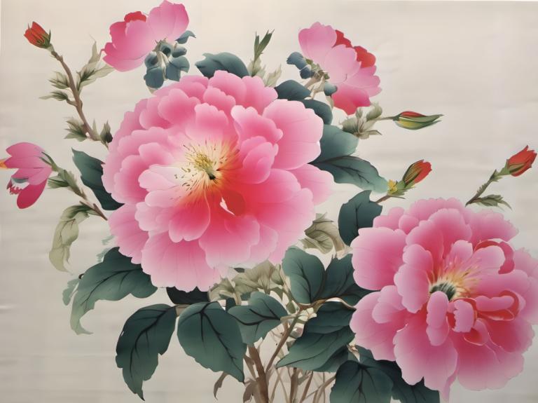 Chinese Paintings,Chinese Paintings, Nature, flowers, no humans, flower, still life, leaf, pink flower