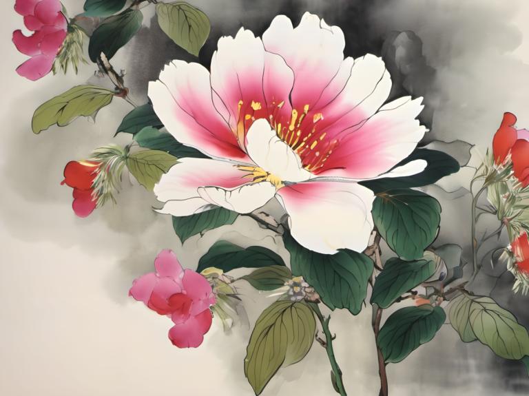 Chinese Paintings,Chinese Paintings, Nature, flowers, no humans, flower, leaf, still life, pink flower, plant