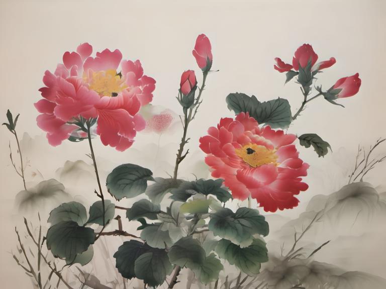 Chinese Paintings,Chinese Paintings, Nature, flowers, no humans, flower, still life, leaf, pink flower