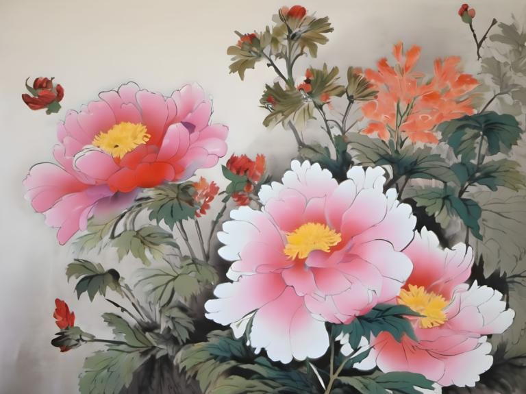 Chinese Paintings,Chinese Paintings, Nature, flowers, no humans, flower, still life, pink flower, leaf