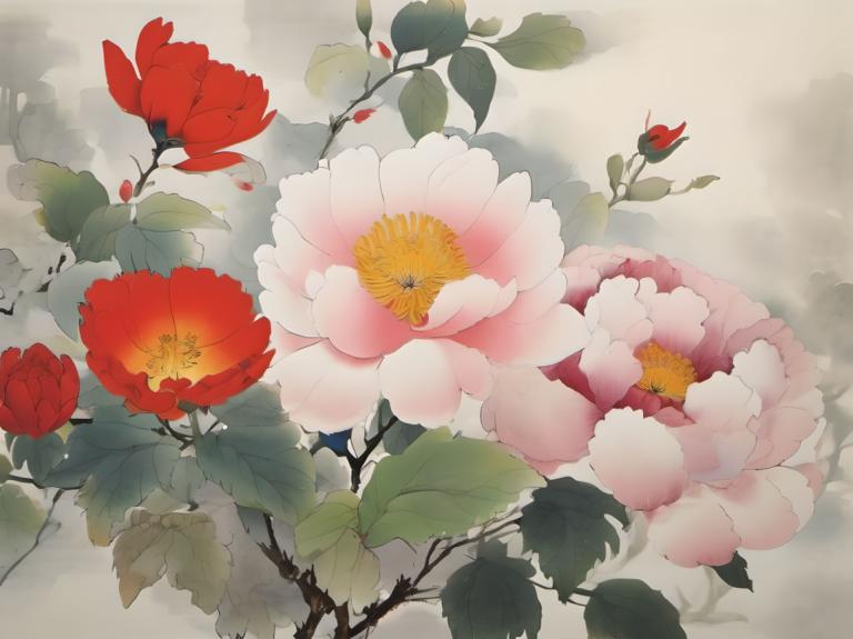 Chinese Paintings,Chinese Paintings, Nature, flowers, no humans, flower, pink flower, still life, leaf