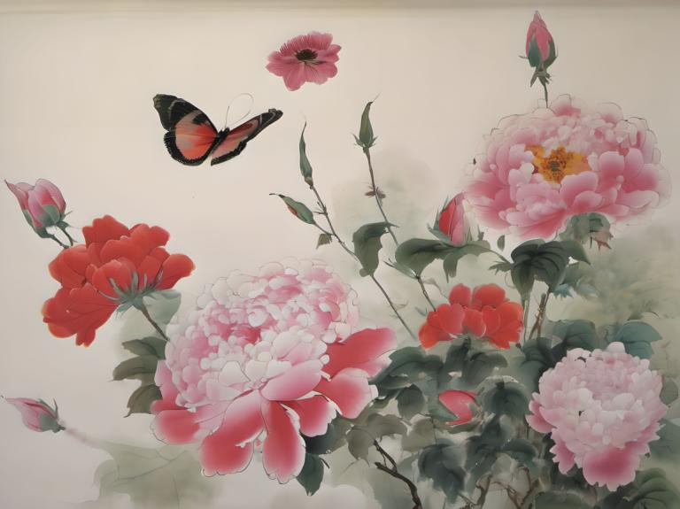 Chinesische Gemälde,Chinesische Gemälde, Natur, Blumen, Blume, keine Menschen, Insekt, Blatt, Schmetterling