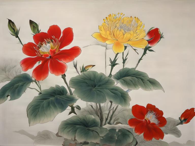 Chinese Paintings,Chinese Paintings, Nature, flowers, no humans, flower, still life, leaf, grey background