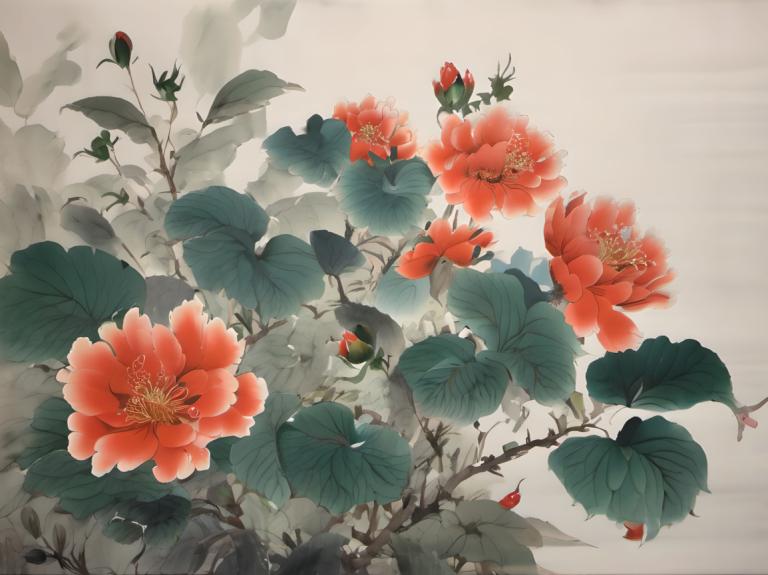 Chinesische Gemälde,Chinesische Gemälde, Natur, Blumen, keine Menschen, Blume, Blatt, Stillleben, Landschaft