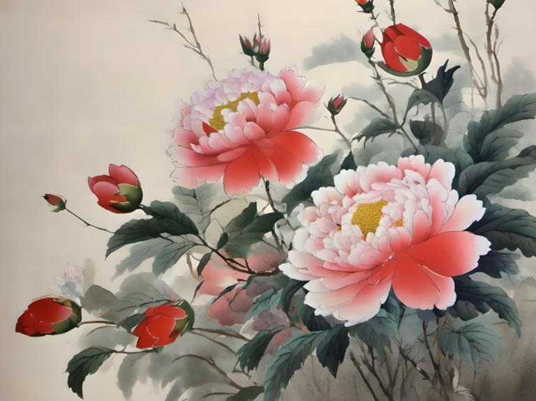 Chinese Paintings,Chinese Paintings, Nature, flowers, no humans, flower, pink flower, leaf, still life, tree