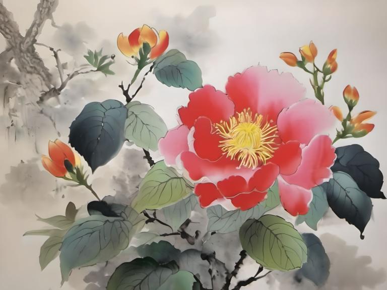 国画,国画, 自然, 花, 没有人类, 花, 静物, 叶子, 红花, 粉红色的花, 植物, 分支, 风景, 户外, 树