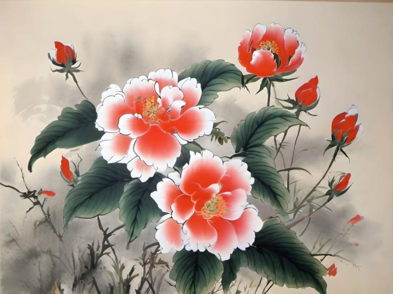 Chinese Paintings,Chinese Paintings, Nature, flowers, no humans, flower, red flower, tree, still life, leaf