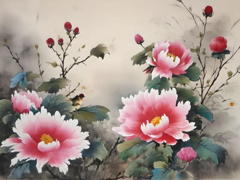 Chinese Paintings,Chinese Paintings, Nature, flowers, no humans, flower, leaf, pink flower, still life, plant