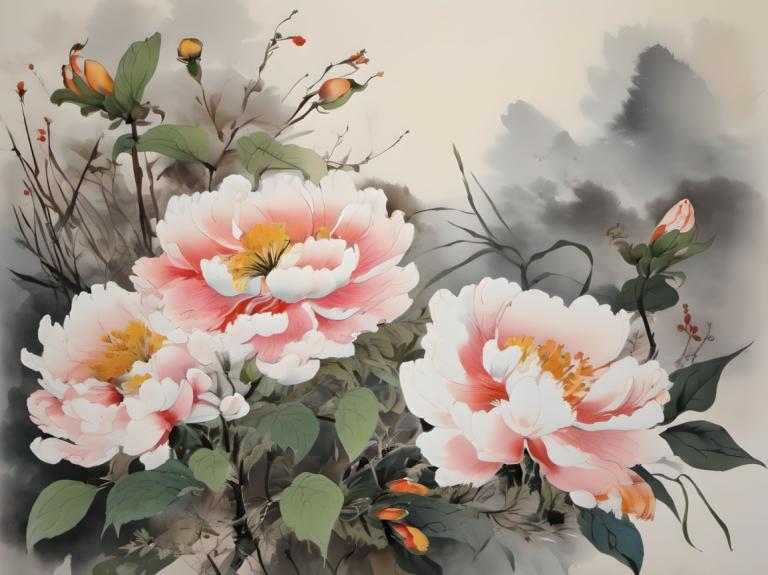 Peintures chinoises,Peintures chinoises, Nature, fleurs, pas d'humains, fleur, nature morte, feuille, paysage