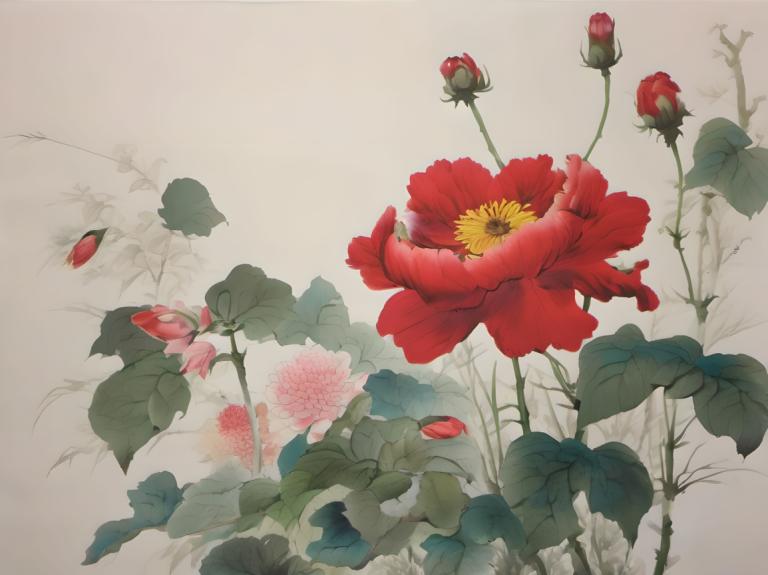 Chinese Paintings,Chinese Paintings, Nature, flowers, no humans, flower, still life, leaf, red flower