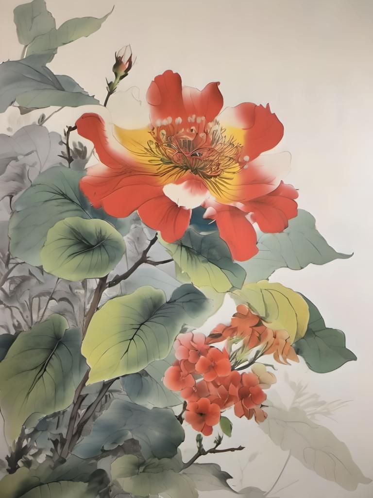 Chinese Paintings,Chinese Paintings, Nature, flowers, no humans, flower, leaf, still life, red flower, plant