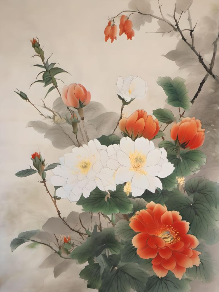 Chinese Paintings,Chinese Paintings, Nature, flowers, no humans, flower, white flower, still life, leaf