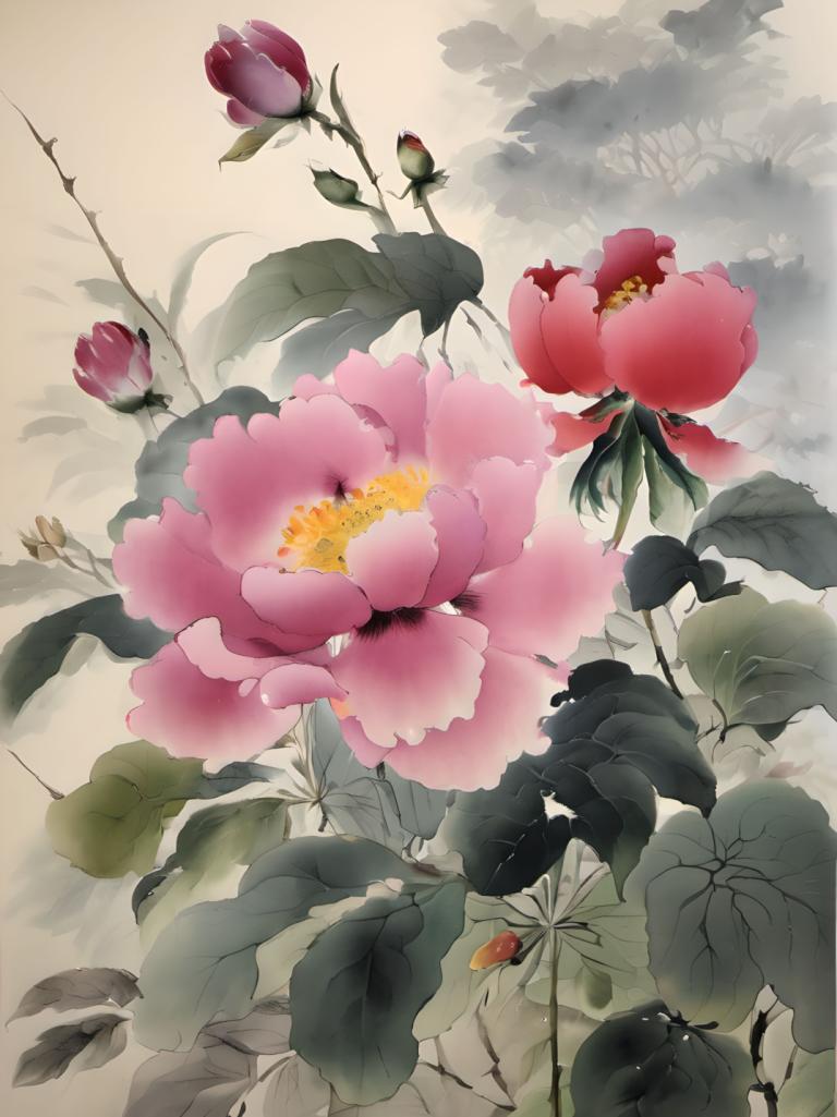 Chinese Paintings,Chinese Paintings, Nature, flowers, no humans, flower, leaf, still life, plant, scenery