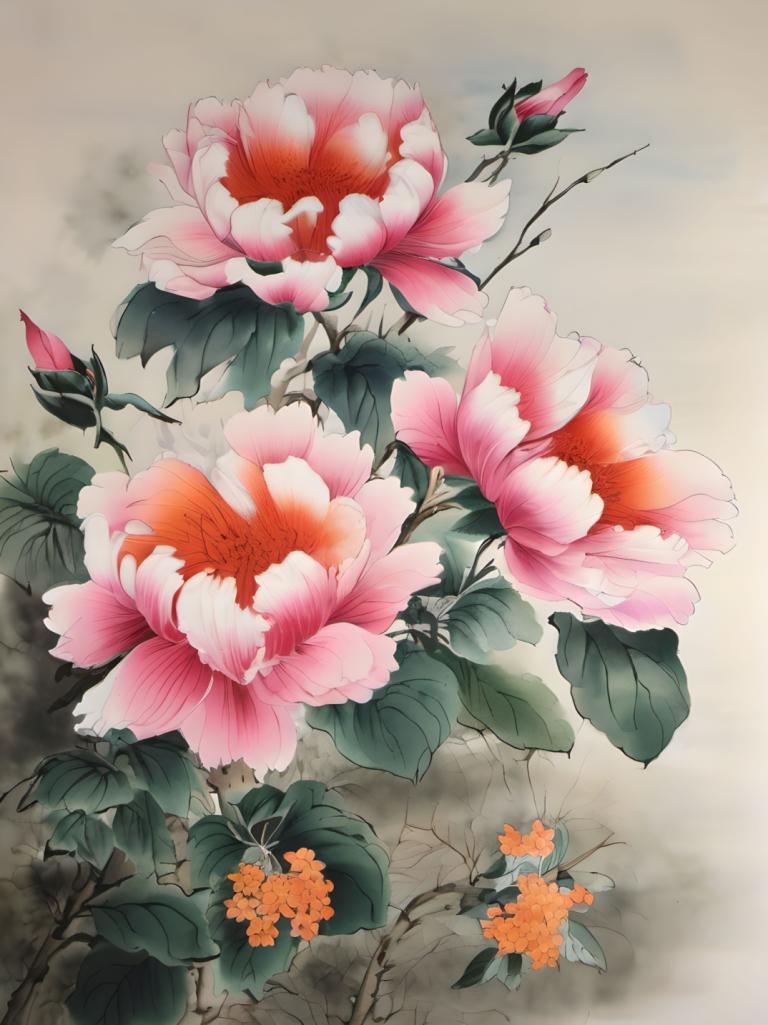 Chinese Paintings,Chinese Paintings, Nature, flowers, no humans, flower, still life, pink flower, leaf