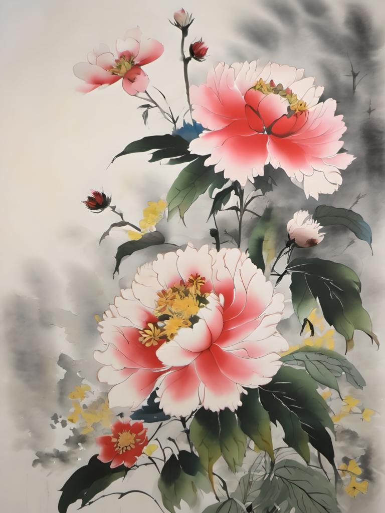 Chinese Paintings,Chinese Paintings, Nature, flowers, no humans, flower, leaf, still life, pink flower