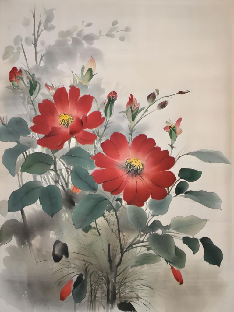 Chinese Paintings,Chinese Paintings, Nature, flowers, no humans, flower, still life, leaf, red flower, plant