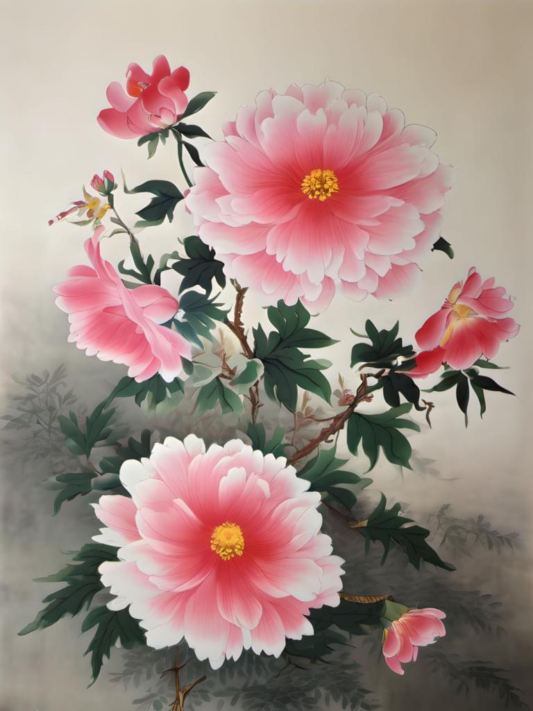 Chinese Paintings,Chinese Paintings, Nature, flowers, no humans, flower, still life, leaf, pink flower