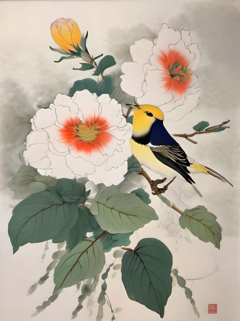 Chinese Paintings,Chinese Paintings, Nature, flowers, no humans, flower, bird, animal focus, leaf