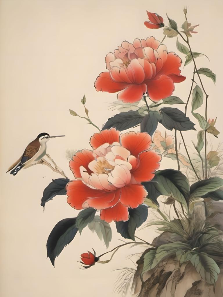 Peintures chinoises,Peintures chinoises, Nature, fleurs, fleur, oiseau, pas d'humains, feuille, fleur rouge