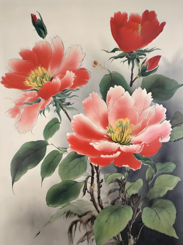 Chinese Paintings,Chinese Paintings, Nature, flowers, flower, no humans, still life, leaf, red flower, plant