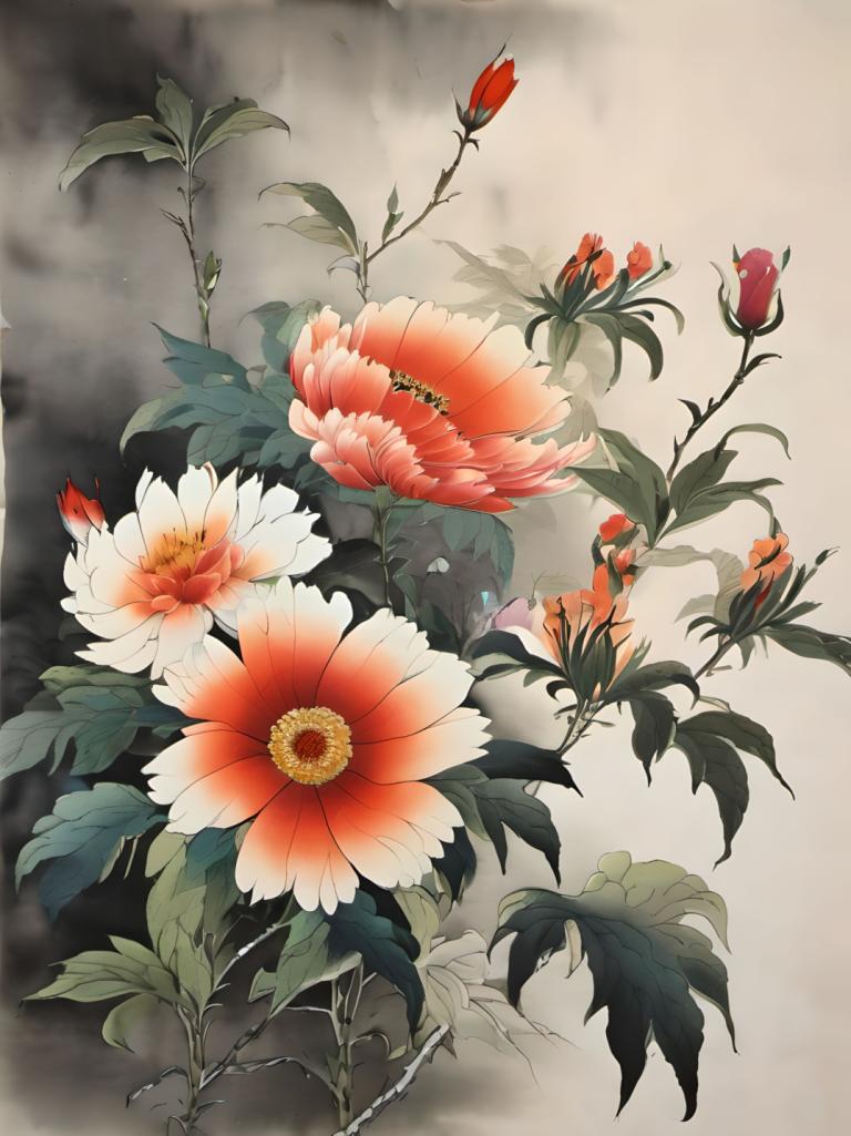 Chinese Paintings,Chinese Paintings, Nature, flowers, no humans, flower, still life, leaf, red flower