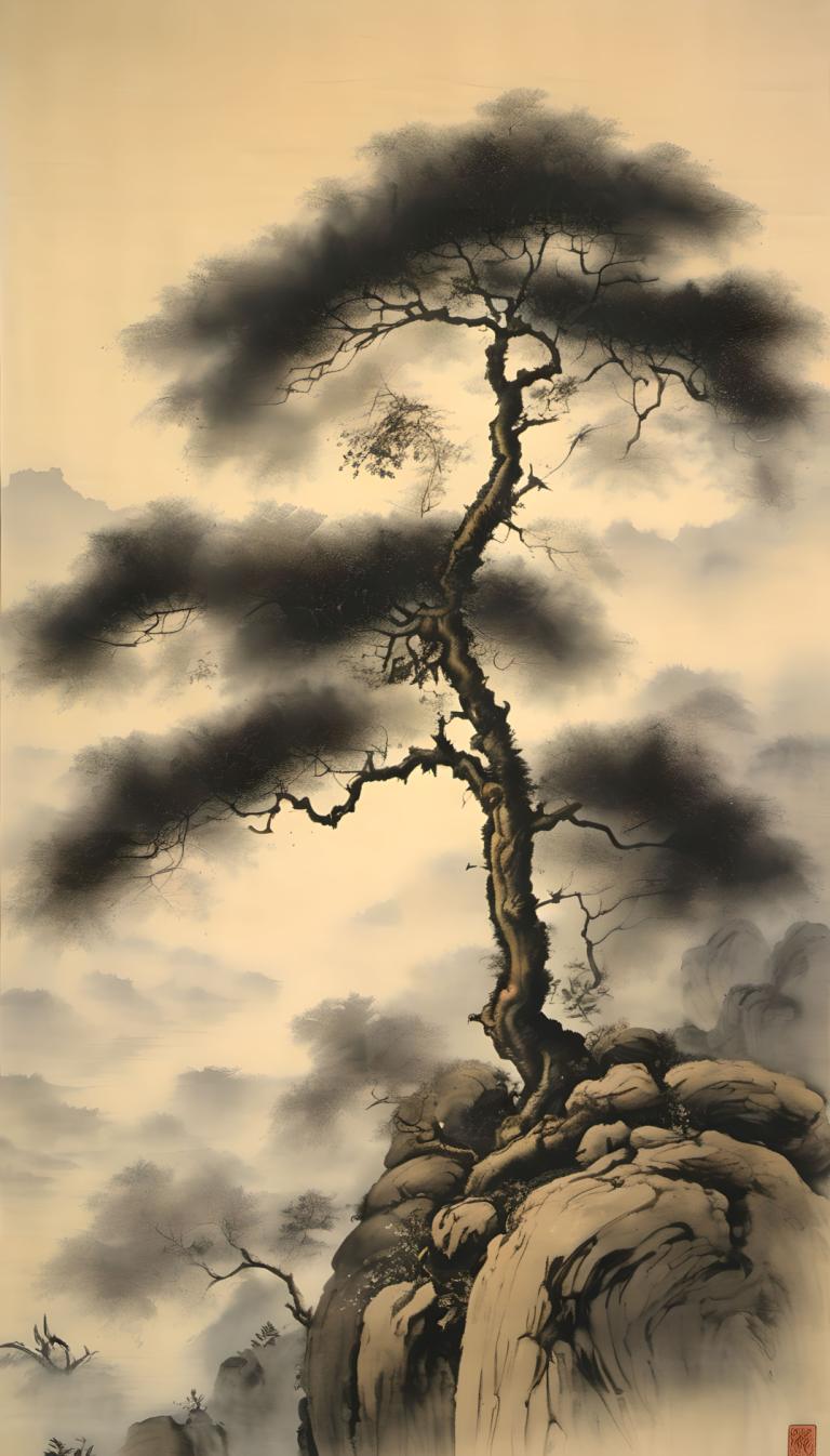 Chinese Paintings,Chinese Paintings, Nature, trees, no humans, tree, cloud, scenery, sky, outdoors, bare tree