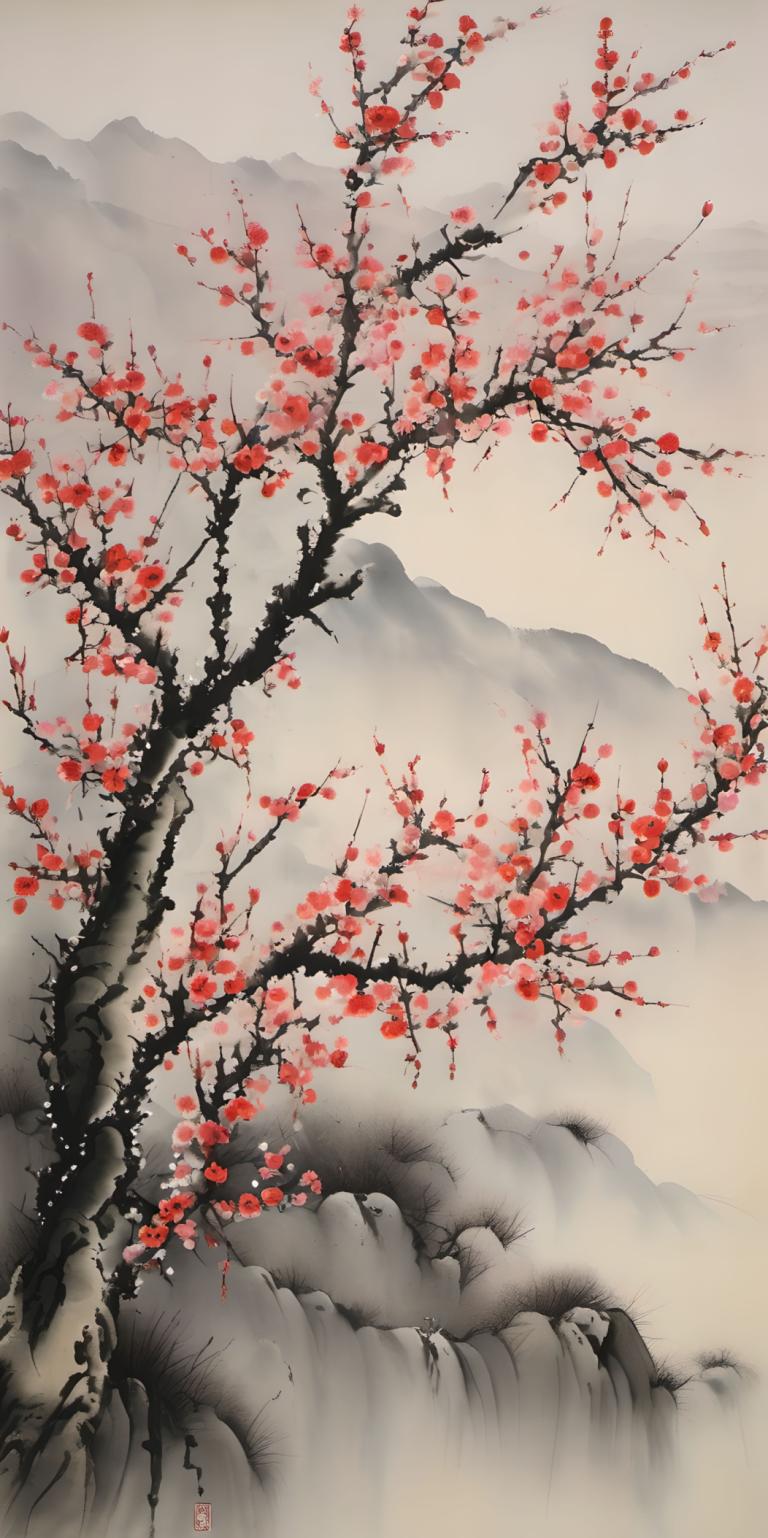 Chinese Paintings,Chinese Paintings, Nature, plum blossom, mountain, no humans, tree, scenery, outdoors, fog