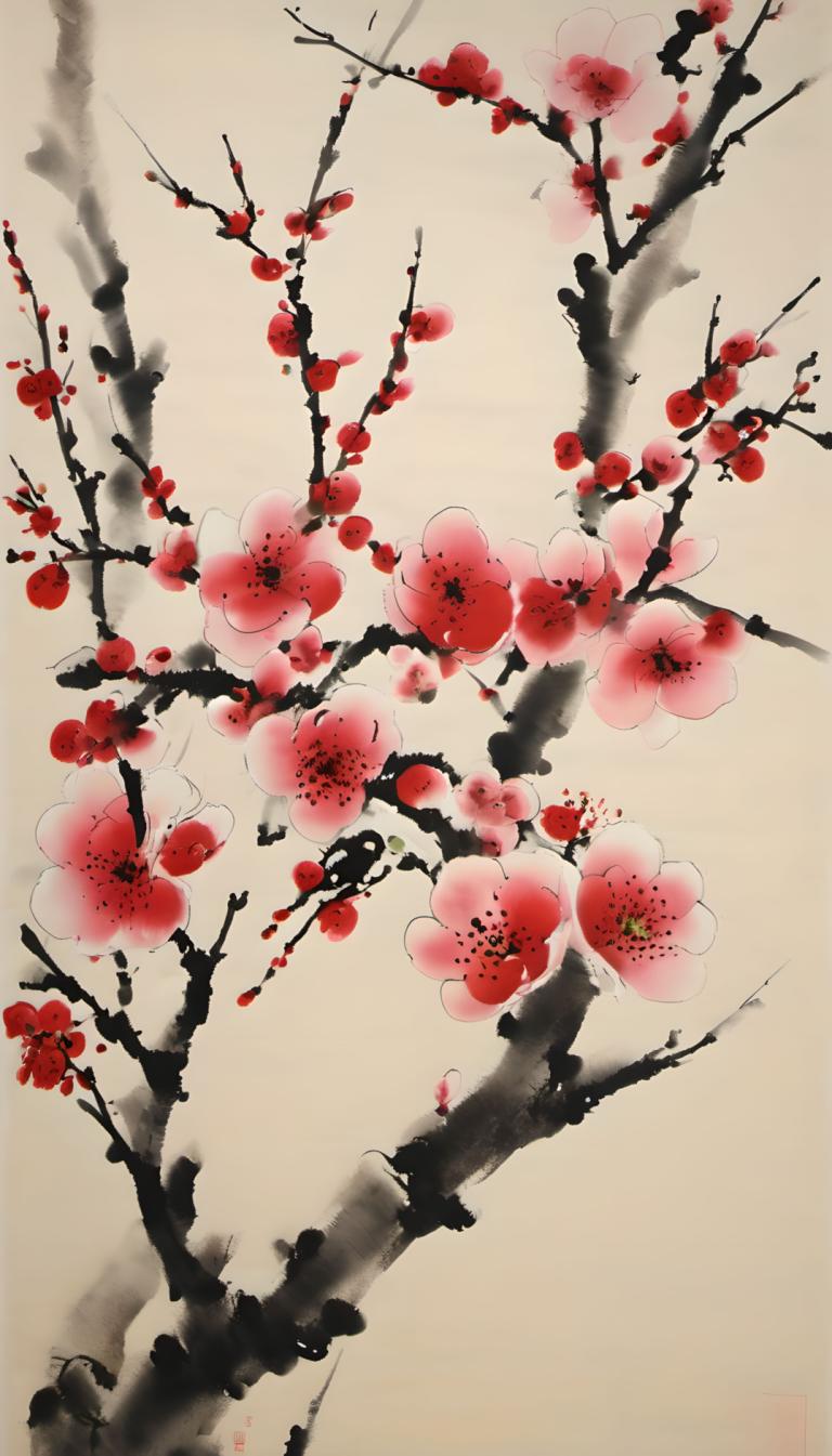 Chinese Paintings,Chinese Paintings, Nature, plum blossom, no humans, branch, flower, tree, cherry blossoms