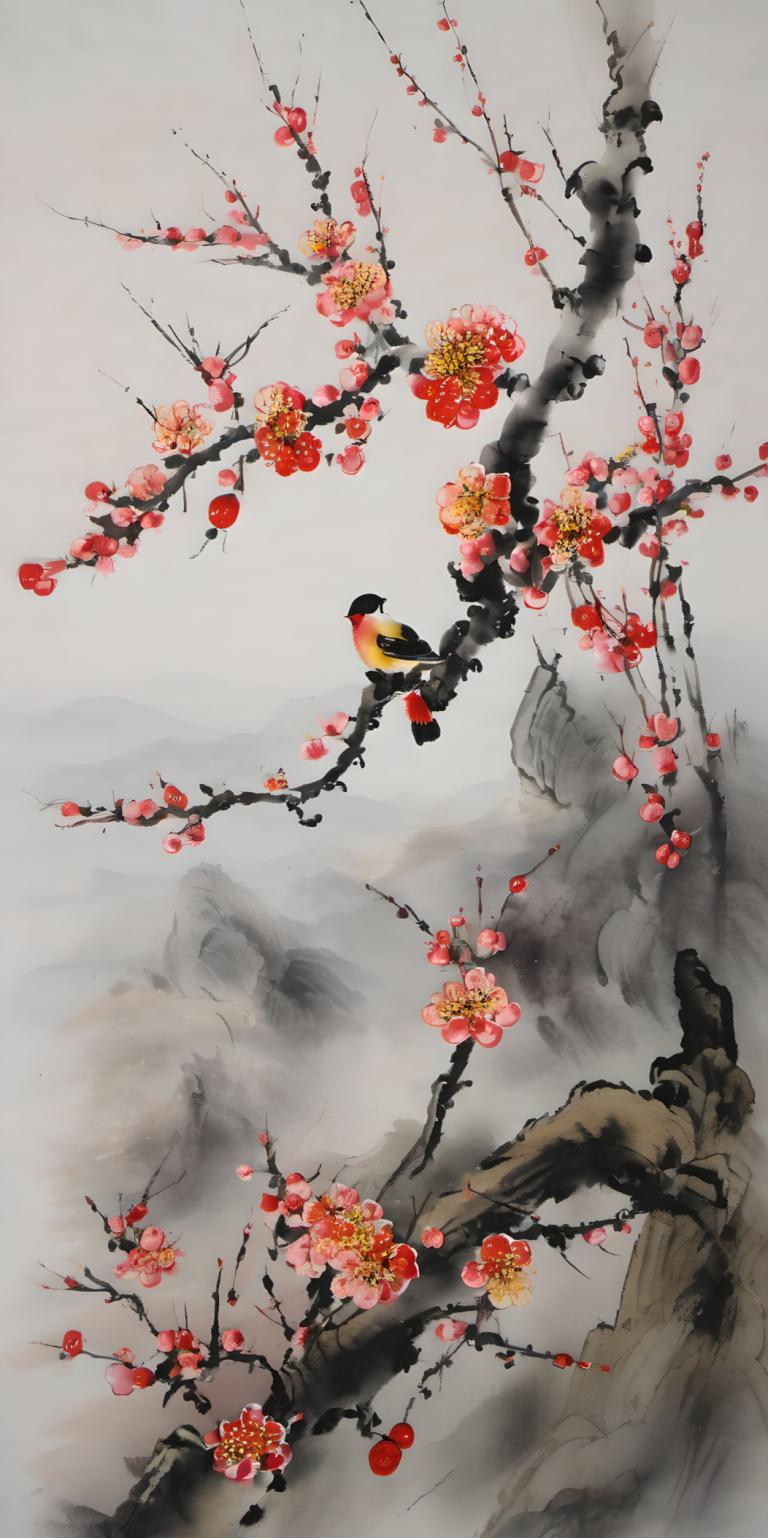 Chinese Paintings,Chinese Paintings, Nature, plum blossom, flower, tree, solo, branch, male focus, red flower