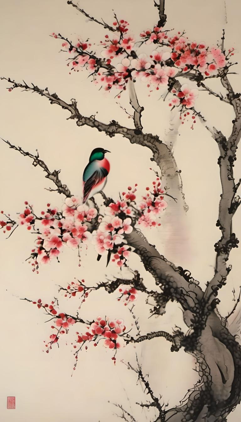 Chinese Paintings,Chinese Paintings, Nature, plum blossom, bird, no humans, branch, tree, cherry blossoms